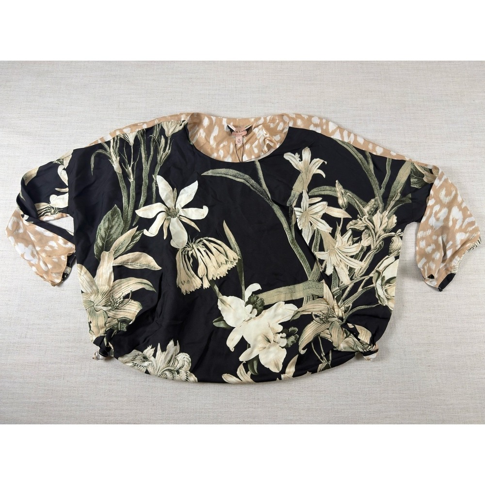 Black Label by Chicos Silk Blend Floral Leopard Mixed Print Dolman Blouse S